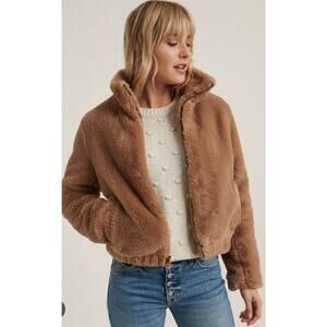 New Lucky Brand Womens Brown Full‎ Zip Drawstring Hem Faux Fur Casual Jacket MED